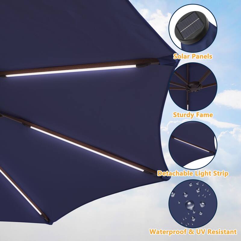 Clihome 15Ft Outdoor Solar Lights Rectangular Crank Market Umbrella, with Base