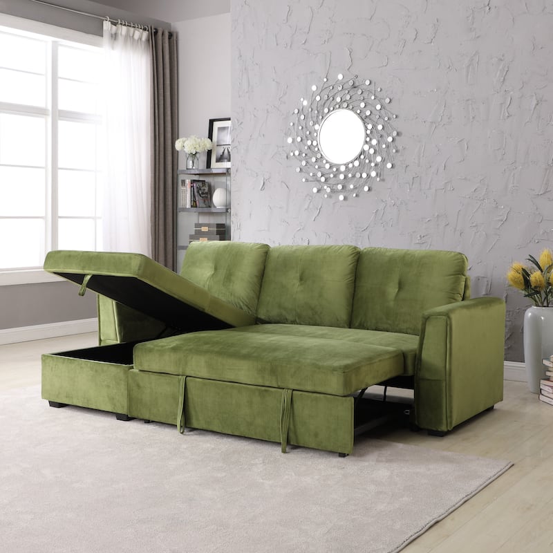 91'' Wide Velvet Storage Sectional Reversible Sleeper Sofa & Chaise