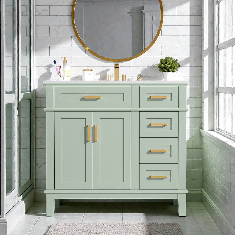 36" Modern Bathroom Vanity with Ceramic Sink, 4 Drawers, 2 Doors, Soft Close, Solid Wood Frame, Freestanding Design