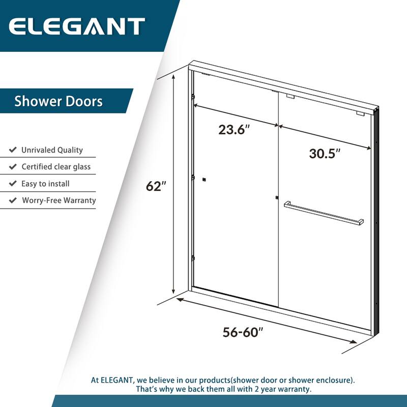 Elegant Double Sliding Shower Door with 1/4 inch Clear Tempered Glass in Matte Black Tub Door