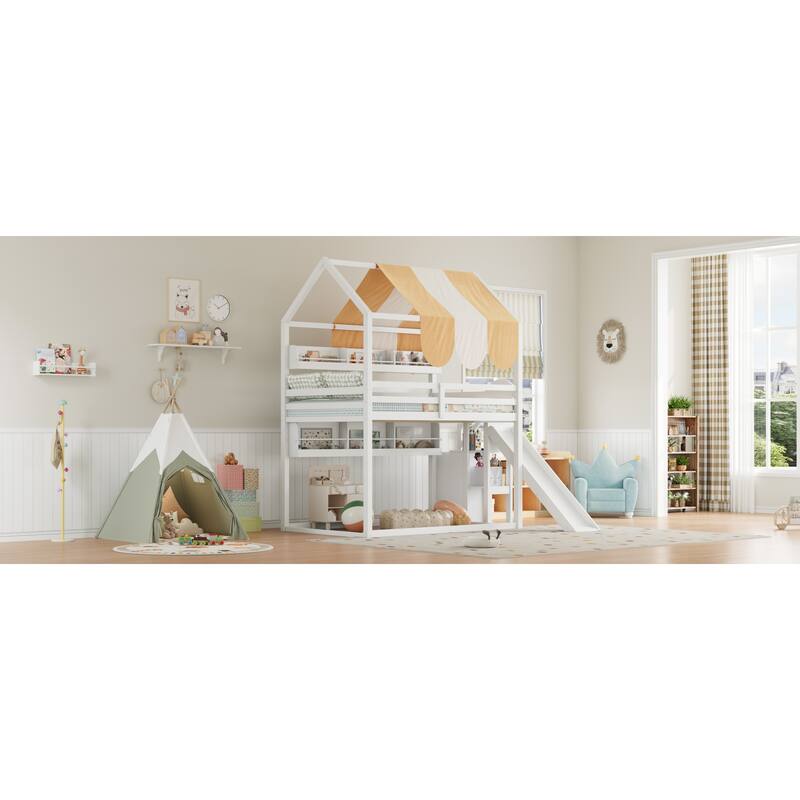 Roomfitters Full Size House Loft Bed with Canopy, Slide and Bookshelves