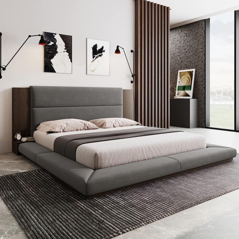 Velvet Fabric Upholstered Platform Bed Floor Bed - King