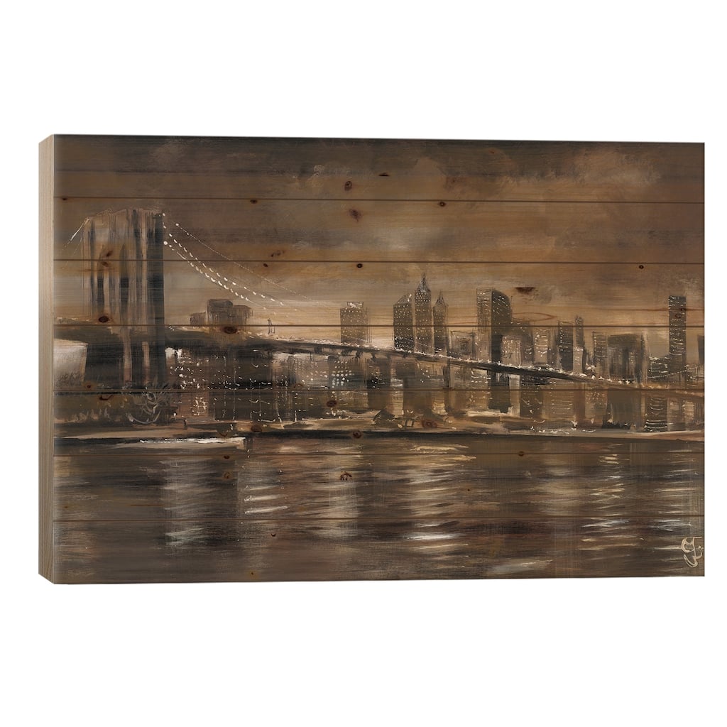 NY Brooklyn Bridge Print On Wood by Yuliya Volynets - Multi-Color