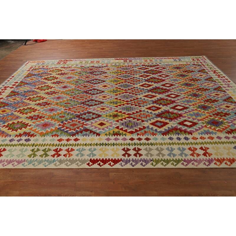 Reversible Geometric Kilim Area Rug Flatweave Wool Carpet - 8'9" x 11'3"