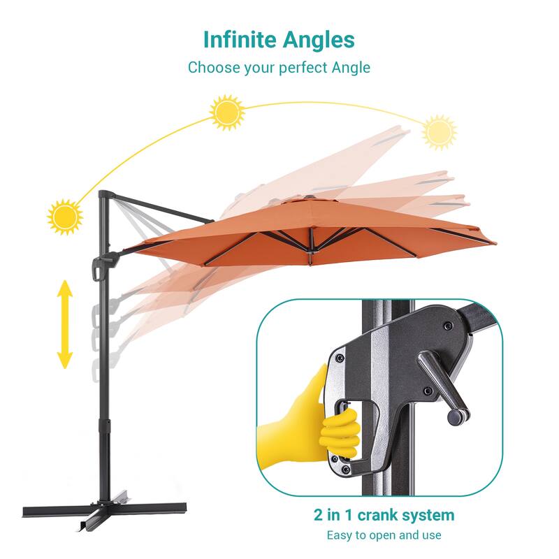 BONOSUKI 11FT LED Cantilever Patio Umbrella 360 Rotation w/Cross Base