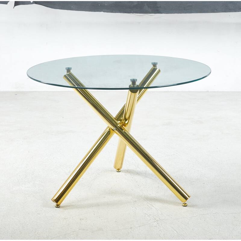 Round Glass Dining Table for 4 Person, Small Kitchen Table with Glass Tabletop & Metal Legs, Modern Leisure Coffee Table