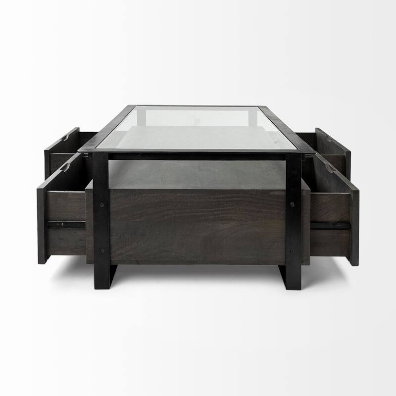 Vidro Glass Top w/ Black Solid Wood Drawers & Black Iron Frame Rectangular Coffee Table