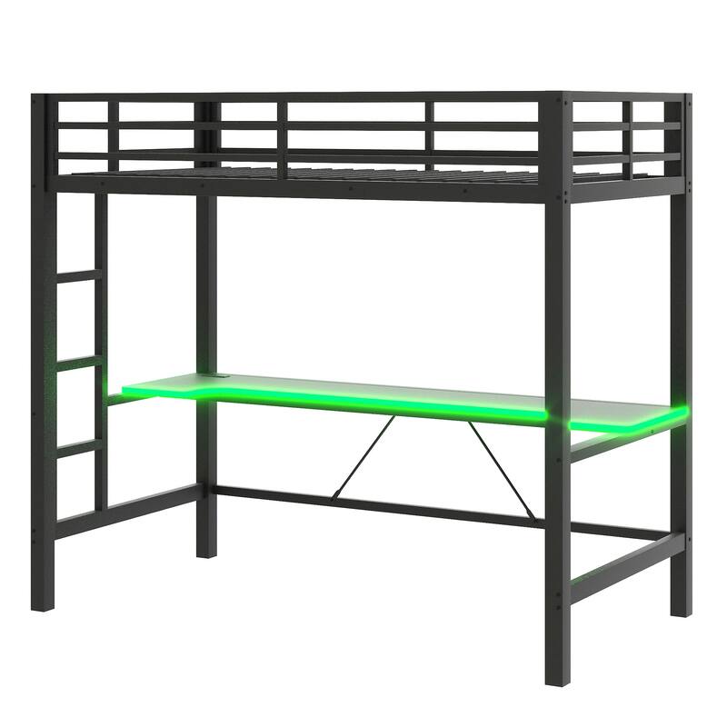 Gaming Loft Bed with RGB LED Light & USB Charge Station, Metal Loft Bed Frame w/Built-in Desk & Full-Length Guardrails