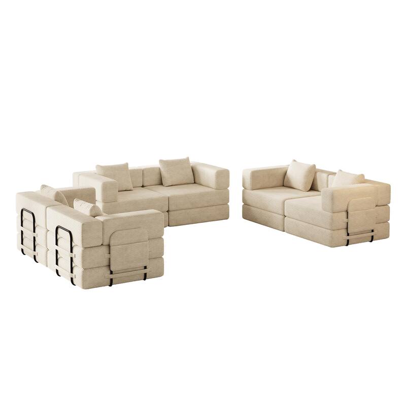 Corduroy Folding Loveseat Couch Set of 3 Convertible Sleeper Sofa Bed with Side Pockets, Modular Floor Mats with Anti-slip Pads