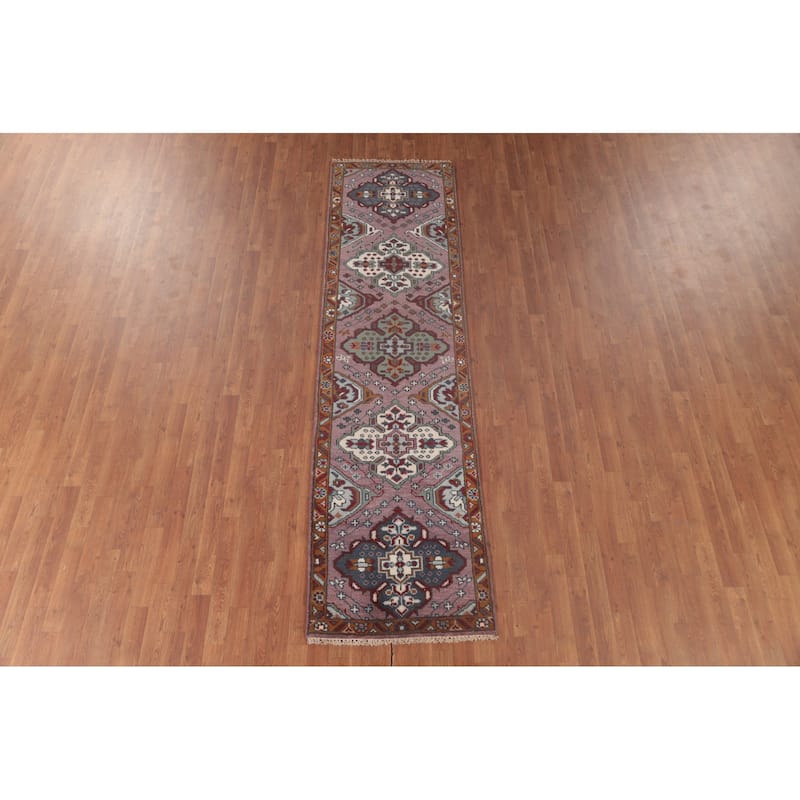 Geometric Purple Kazak Oriental Runner Rug Handmade Wool Carpet - 2'6"x 9'8"