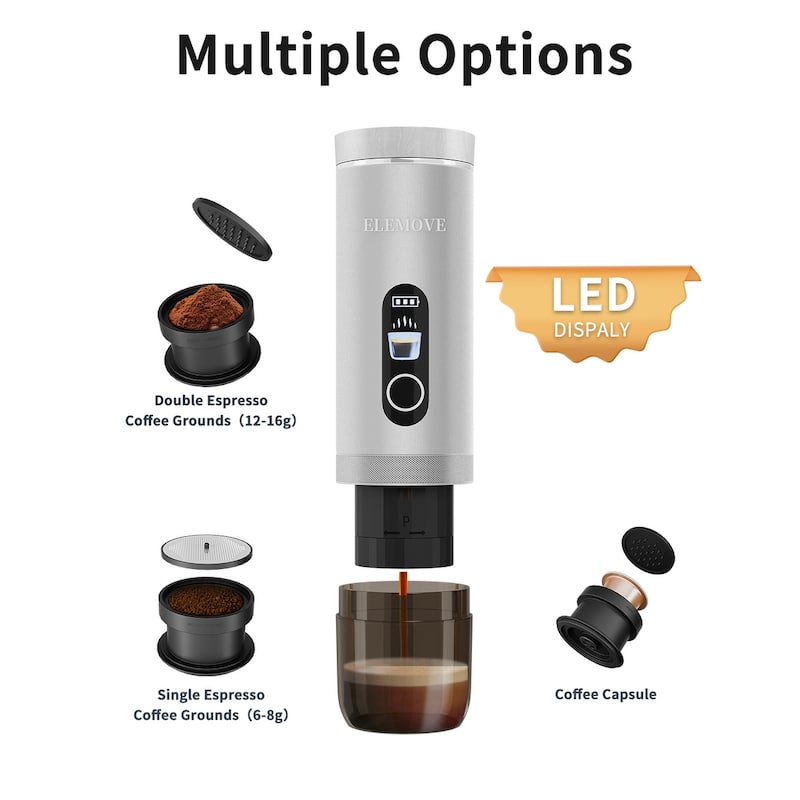 ELEMOVE Multiple Options (Grounds/Capsule), LED Display, 7500mAh Battery, 240s Fast Heating & High Pressure Crema - 48