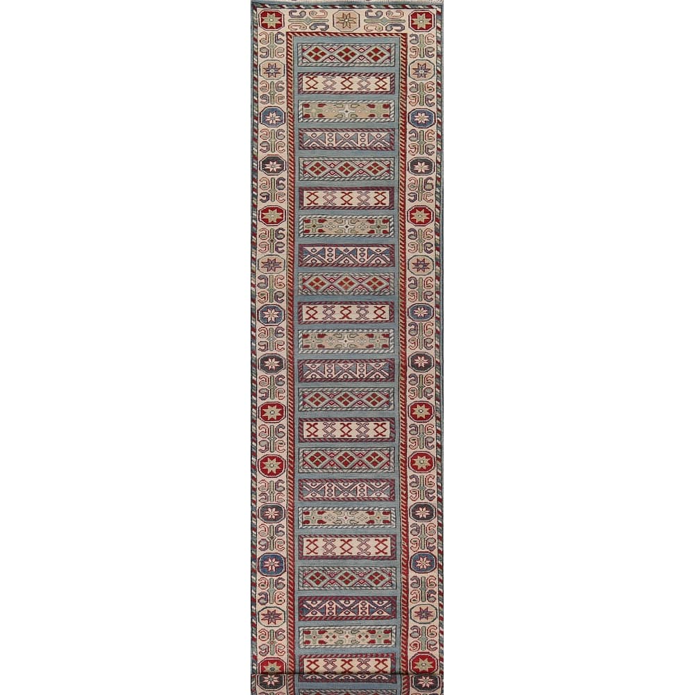 Light Blue Kazak Oriental Runner Rug Handmade Wool Carpet - 3'0" x 16'5"