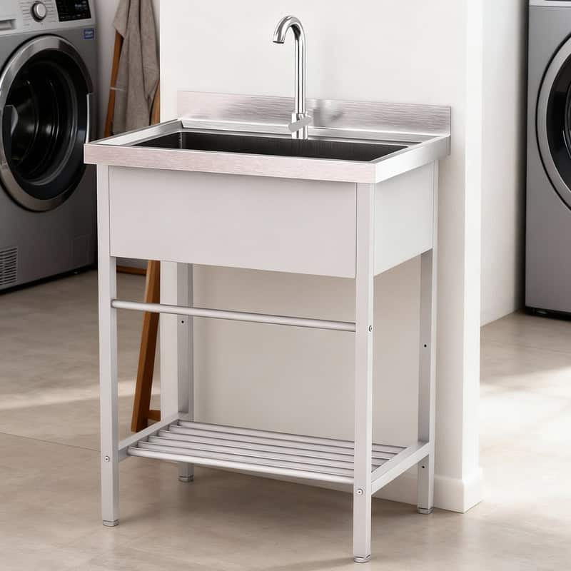28.3 In. Freestanding Single Basin Stainless Steel Utility Sink With Shelves