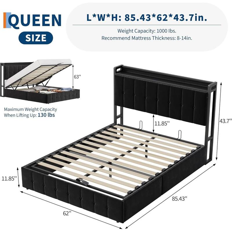 Bed Frame with Lift Up Storage and Storage Headboard