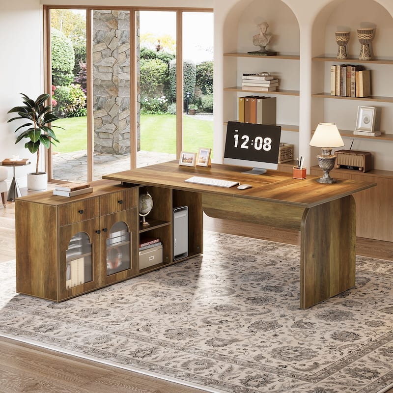 L Shaped Desk, 71-Inch Executive Office Desk, Farmhouse Computer Desk - Brown