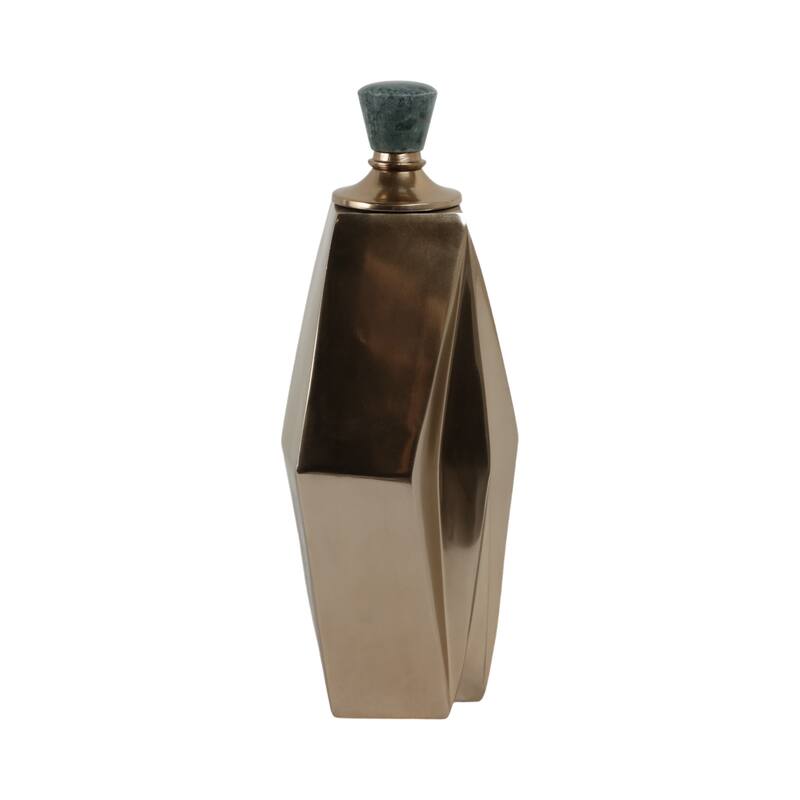 Metal and Marble Vase with Faceted Body Lid Contemporary Accent