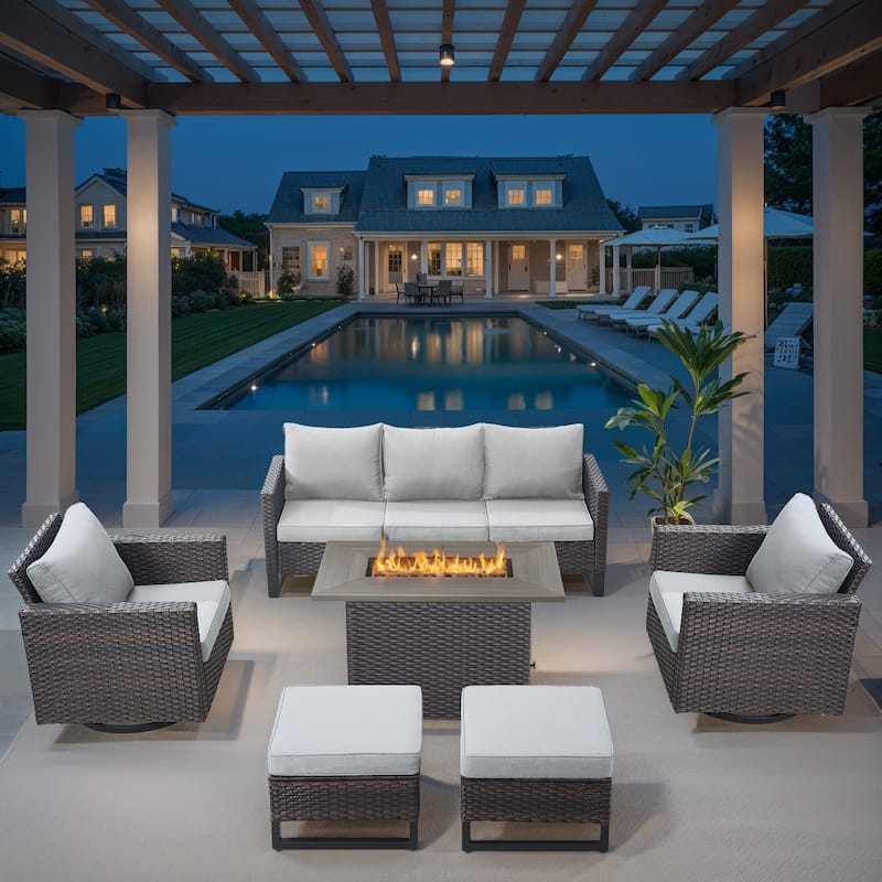 Outdoor Sofa with Swivel Chair Ottomans and Fire Pit Table - Beige cushion - Brown - Beige - Brown