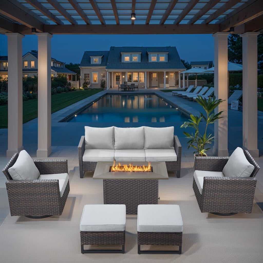 Outdoor Sofa with Swivel Chair Ottomans and Fire Pit Table - Beige cushion - Brown