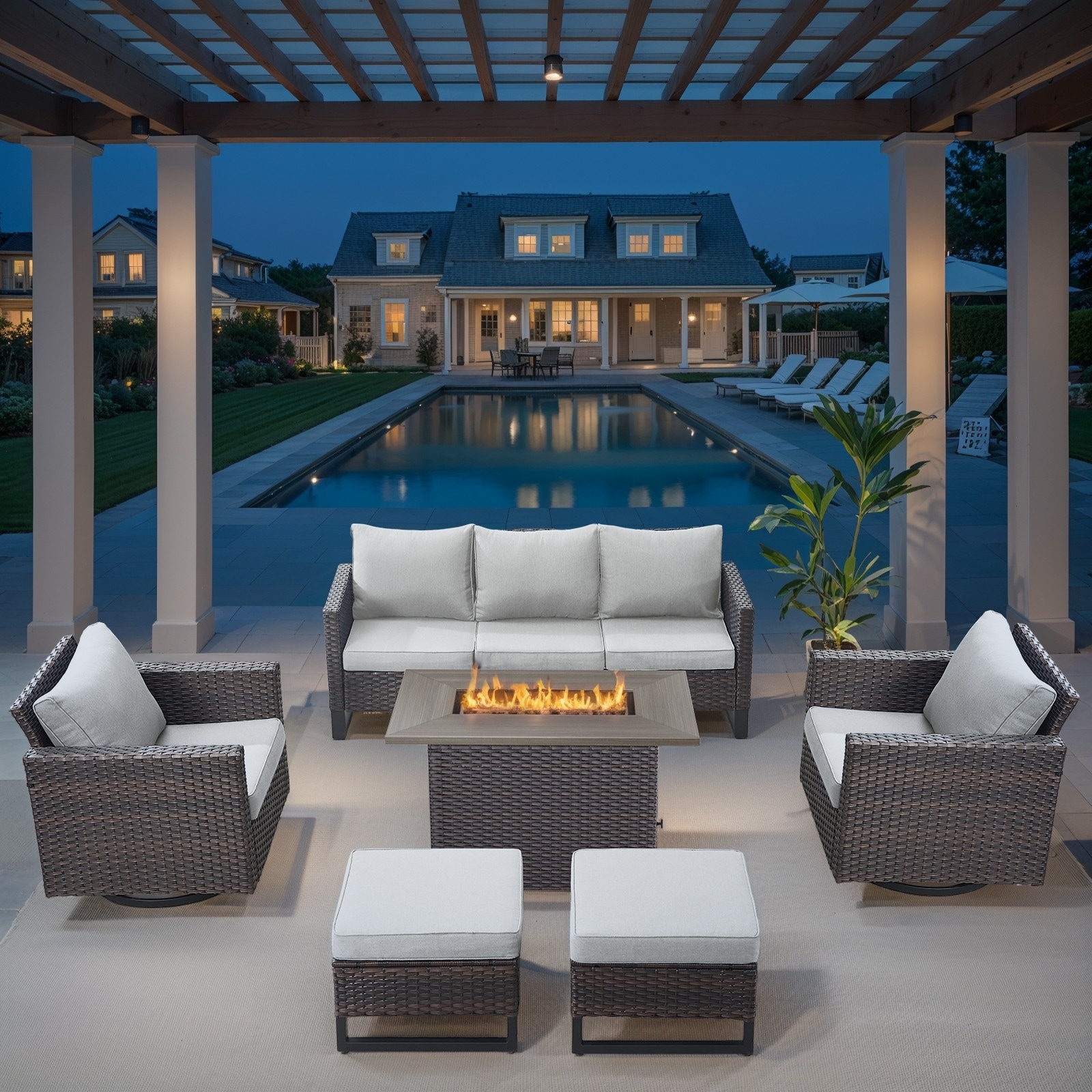 Outdoor Sofa with Swivel Chair Ottomans and Fire Pit Table - Beige cushion - Brown
