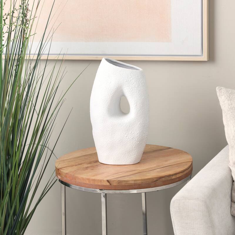 White Ceramic Textured Abstract Decorative Vase with Cutout Center - White