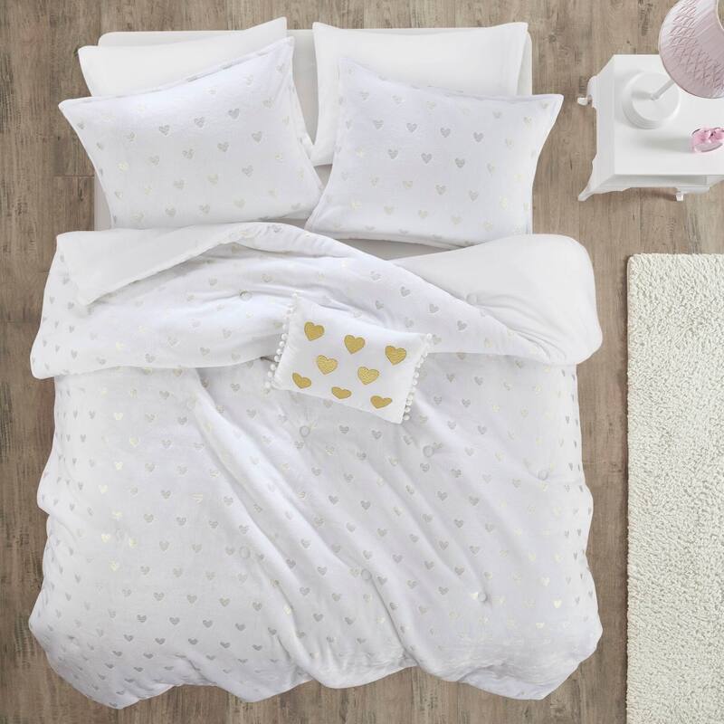 3 PCS Twin/Twin XL Metallic Printed Plush Comforter Set with Throw Pillow White/Gold