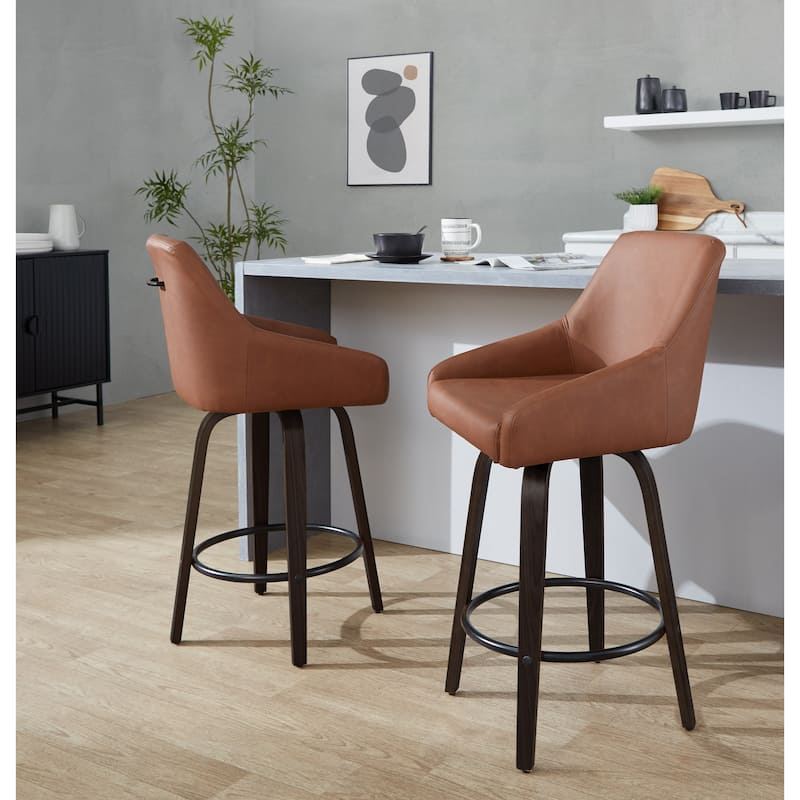 The Gray Barn Hadley 26" Fixed-Height Upholstered Counter Stool with Bent Wood Legs & Round Footrest (Set of 2)