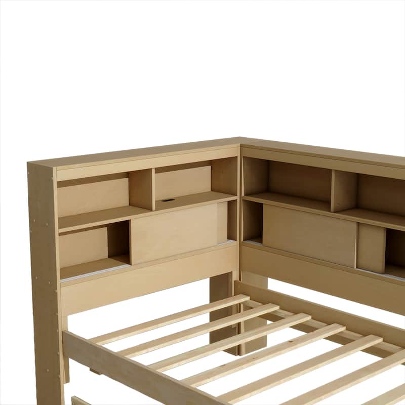 Wooden Twin Daybed with Built-In Storage Shelves, USB Port, and Trundle - Natural