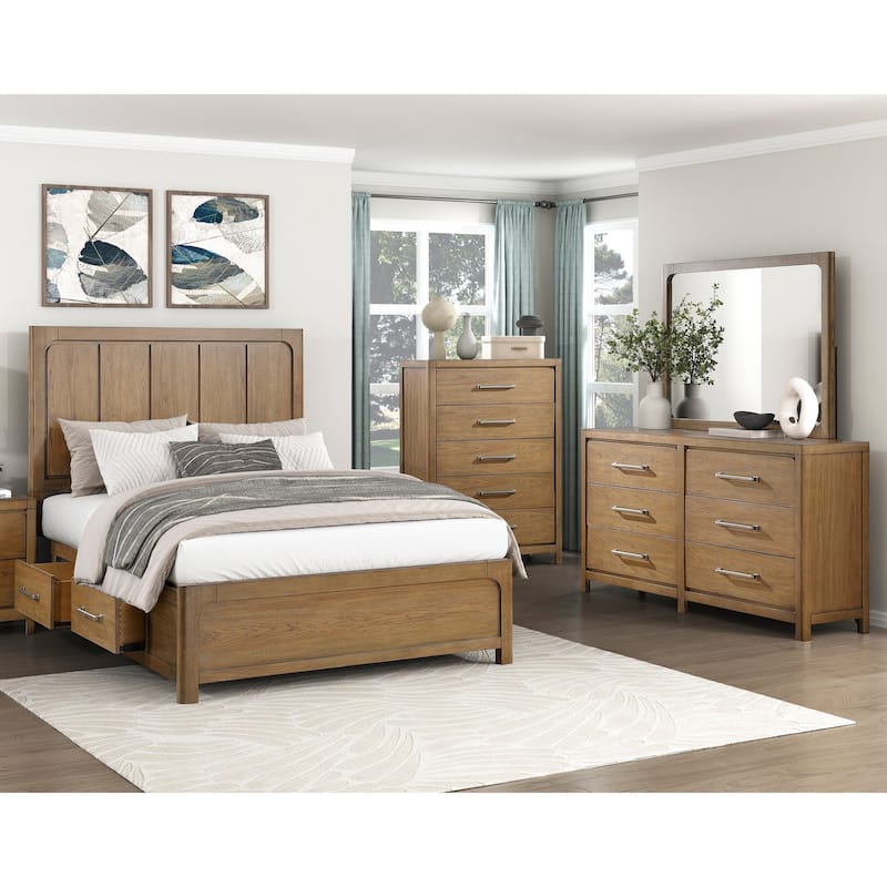 4pcs Bedroom Furniture Storage Bed Dresser Mirror Chest Set Brown Finish