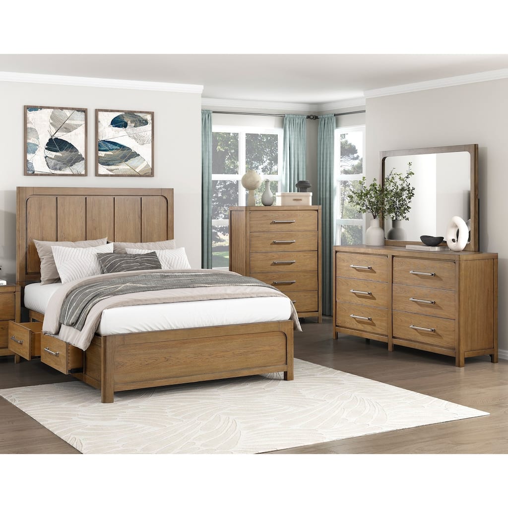 4pcs Bedroom Furniture Storage Bed Dresser Mirror Chest Set Brown Finish