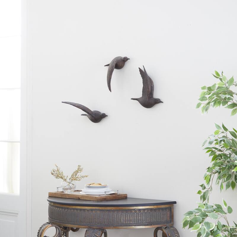 Polystone Bird Distressed 3D Floating Home Wall Decor - Set of 3 Dark Brown, Silver, Gold - Roche River Decor