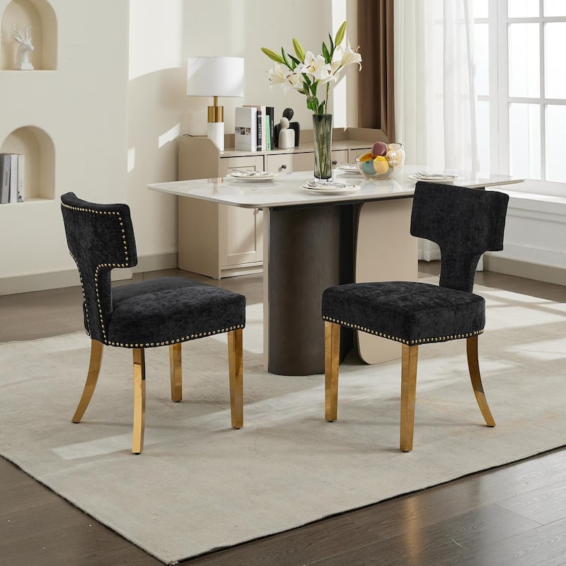 Chenille Upholstered Dining Chair Set of 2, Accent Chair with Curved Back, Kitchen Chair with Stainless Steel Plating Legs