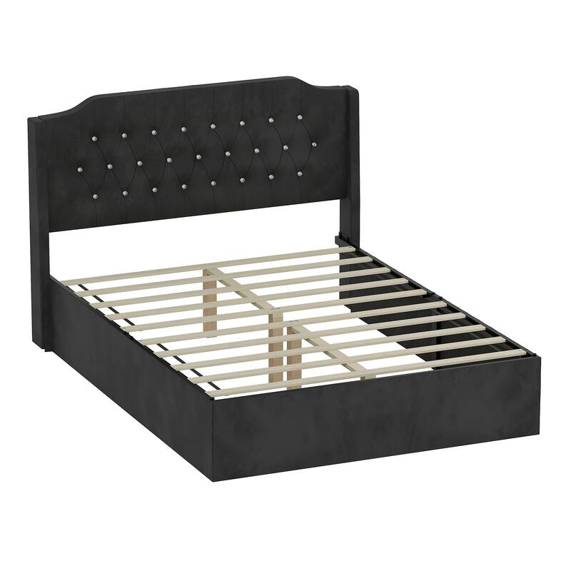 Crystal Button Accents Wingback Tufted Headboard Bed Frame, Platform Bed with Under-Bed Storage Space, Wood Low Profile Bed