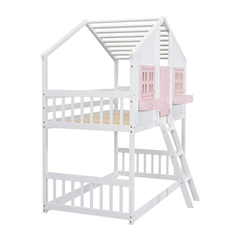 Twin over Twin House Bunk Bed with Roof ,Window,Window Box, Door,with Safety Guardrails and Ladder