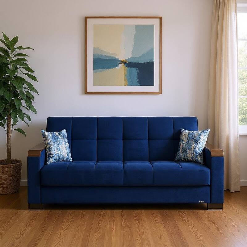 HomeRoots 87" Blue Microfiber Convertible Futon Sleeper Sofa And Toss Pillows With Storage - Blue