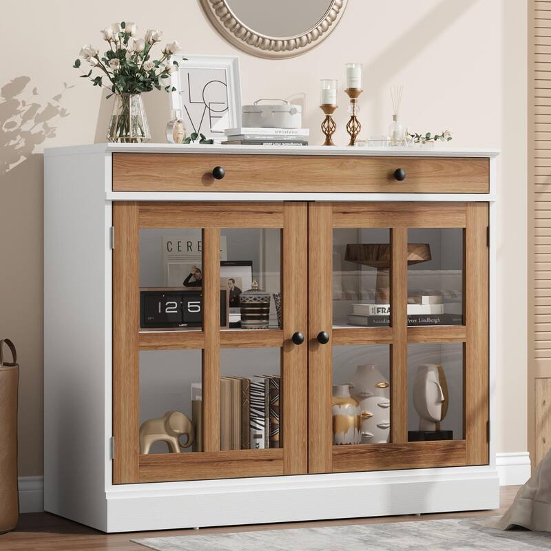 35.4" Sideboard Buffet Cabinets with Glass Door,Buffet Cabinet with Storage,White&Brown Sideboard Cabinet with Drawer - White&brown