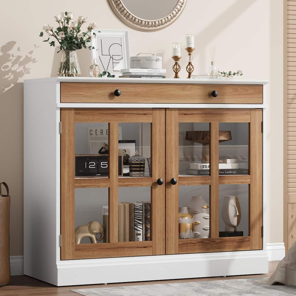 35.4" Sideboard Buffet Cabinets with Glass Door,Buffet Cabinet with Storage,White&Brown Sideboard Cabinet with Drawer