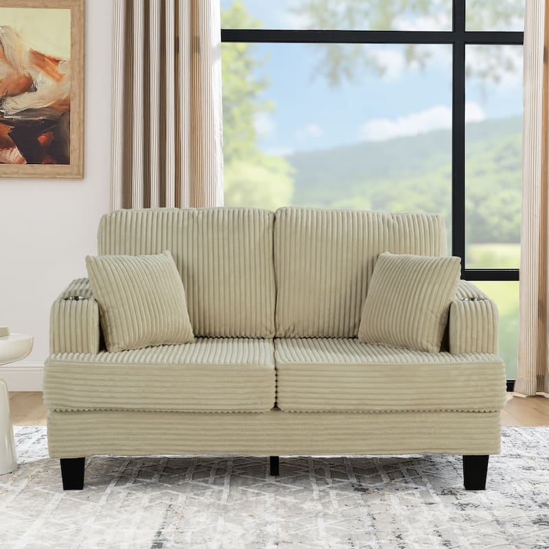61" Contemporary Corduroy Loveseat Sofa with 2 Pillows and Cup Holder