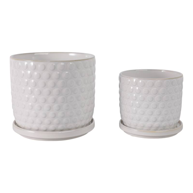 Ceramic Planters with Textured Bubble Surface and Saucers (Set of 2) - 8" x 8" x 7" - 8" x 8" x 7" - White