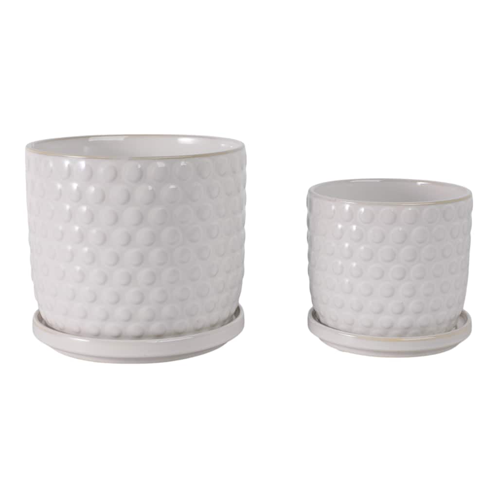 Ceramic Planters with Textured Bubble Surface and Saucers (Set of 2) - 8" x 8" x 7"
