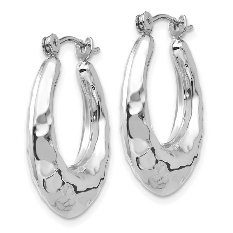 Curata 14k White Gold Hollow Polished 11x6mm Hinged Post Hammered Hoop Earrings