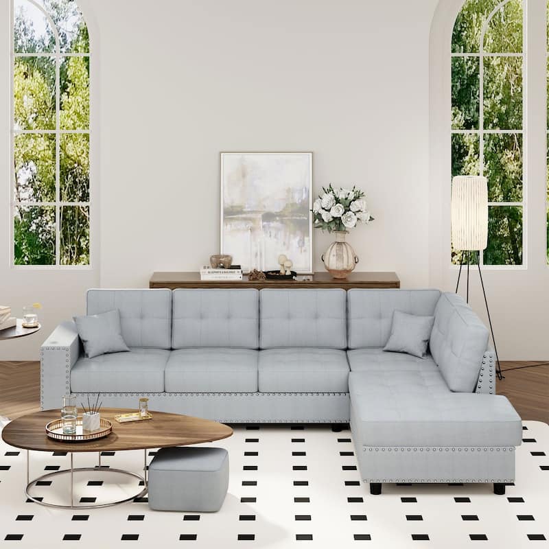 109.20 in Wide Square Arm Polyester L-shaped Removable Back Cushions and 2 Pillows Sofa - Light Grey