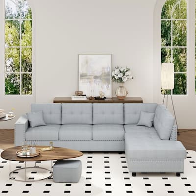 109.20 in Wide Square Arm Polyester L-shaped Removable Back Cushions and 2 Pillows Sofa