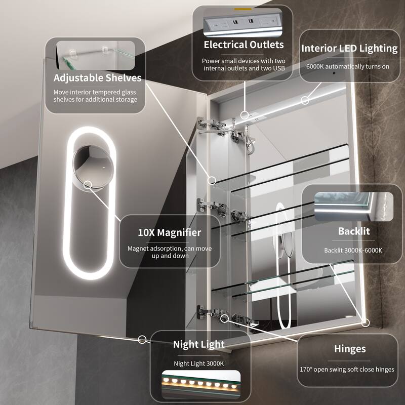 36'' H Recessed or Surface Mounted Bathroom LED Mirror Cabinet With Defogger, Dimmer, 10x magnifying