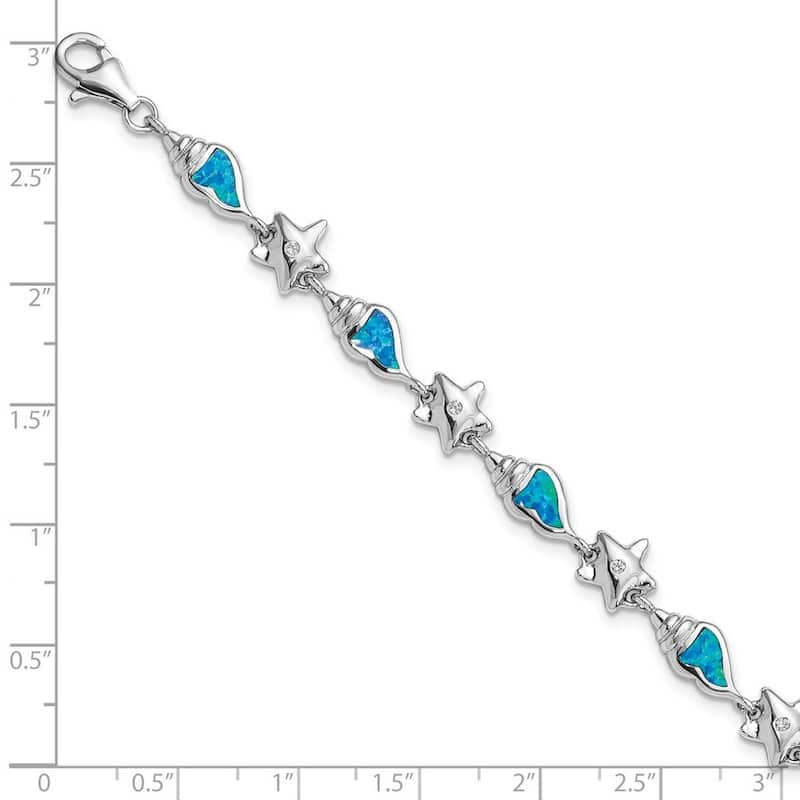 Curata 925 Sterling Silver Polished Lobster Claw Closure Starfish With CZ and Created Blue Simulated Opal Seashell 7.25 Bracelet