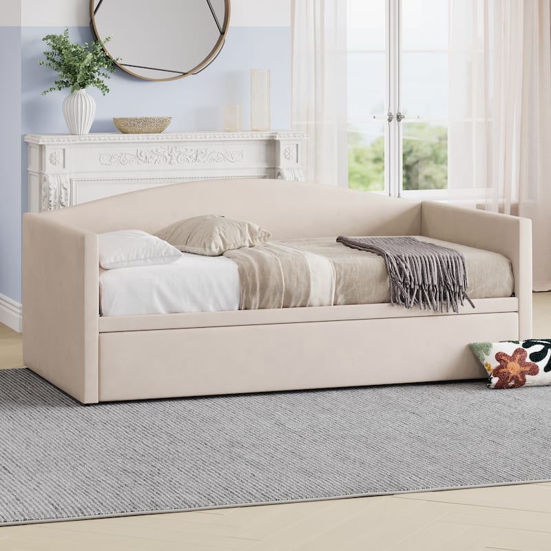 Twin Size Velvet Upholstered Daybed with Extended Pop Up Trundle Bed Convertible King Sofa Bed Frame, Space-Saving Twin to King