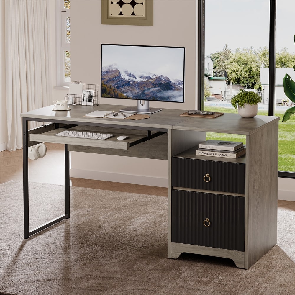 Bestier 55.1" Reversible Computer Desk with 2 Drawers & Keyboard Tray, Home Office Desk Hooks, Modern Writing Desk for Study