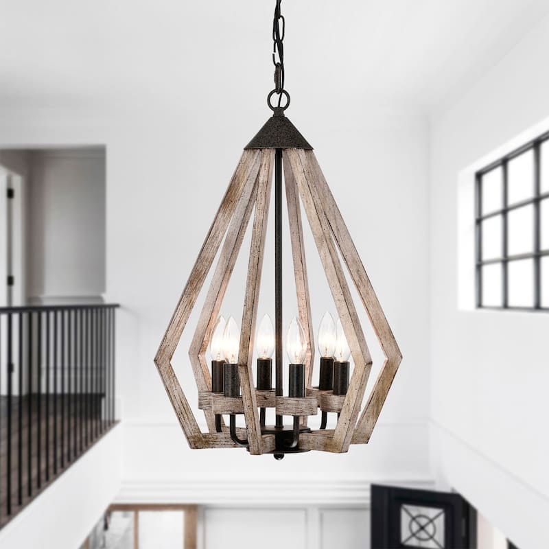 Cydney 16 Inch Geometric Shape Wood Grain Finish Pendant 6 Light