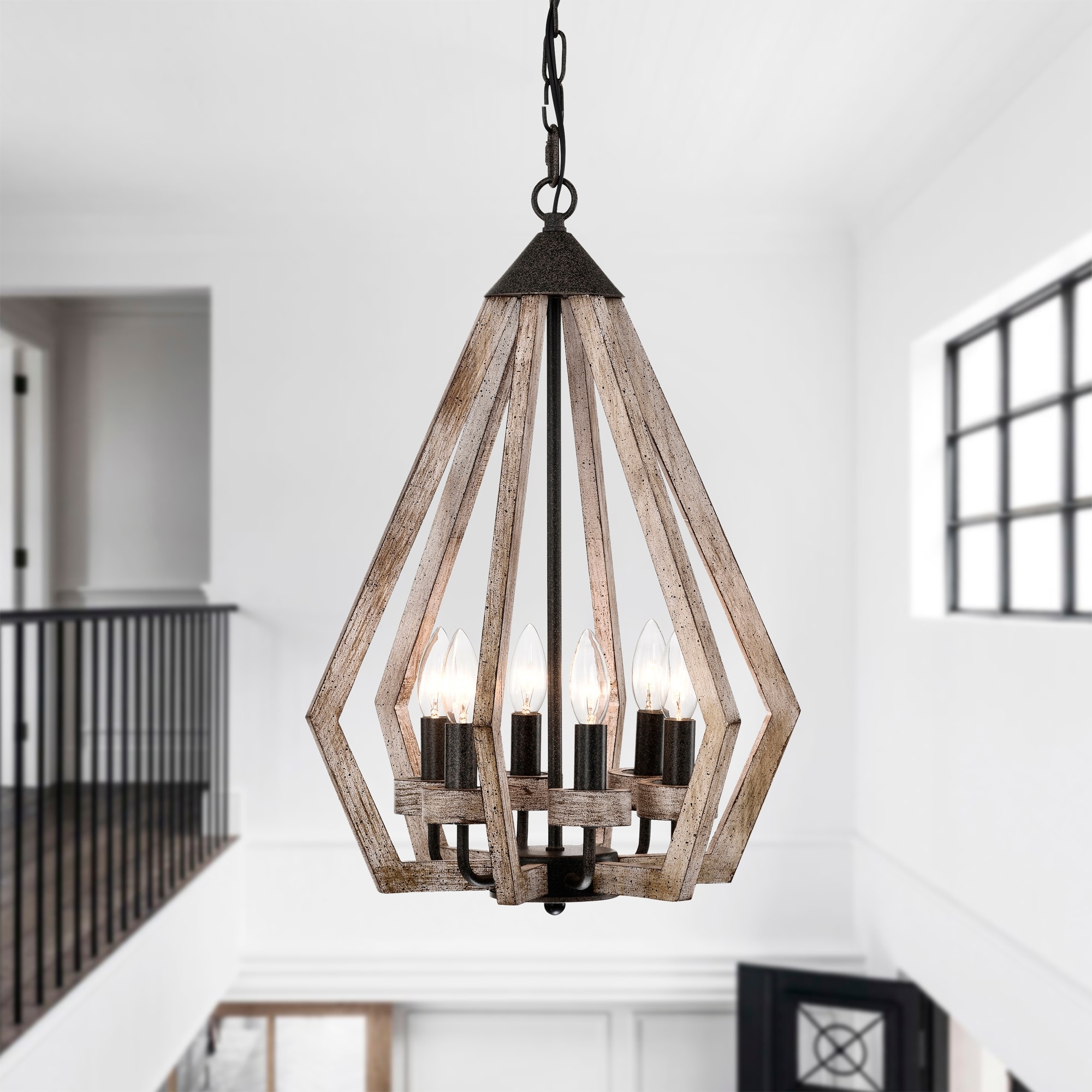 Warehouse of Tiffany Cydney 16 Inch Geometric Shape Wood Grain Finish Pendant 6 Light