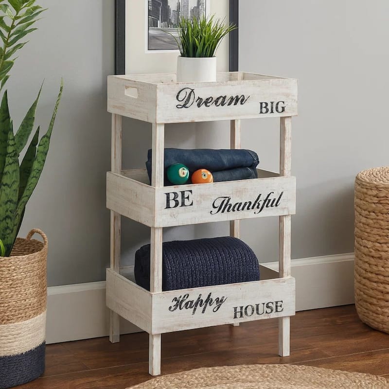 Wooden Storage Shelf with 3 Open Cases and Cut Out Handle, Antique White