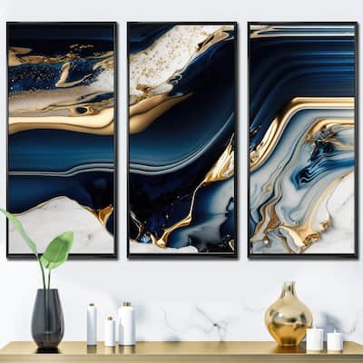 Designart "Abstract Geode Waves Blue V" Modern Waves Framed Canvas Art Print - 3 Panels